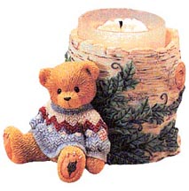 Enesco Cherished Teddies Candle Holder - Boy With Birch Tree Trunk