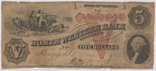 Georgia Obsolete Currency - $5 1861 North Western Bank Of Georgia, Ringgold